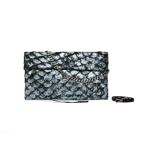 Bolsa Aquira Maxi Clutch em Couro de Pirarucu - Cor Preto com Prata