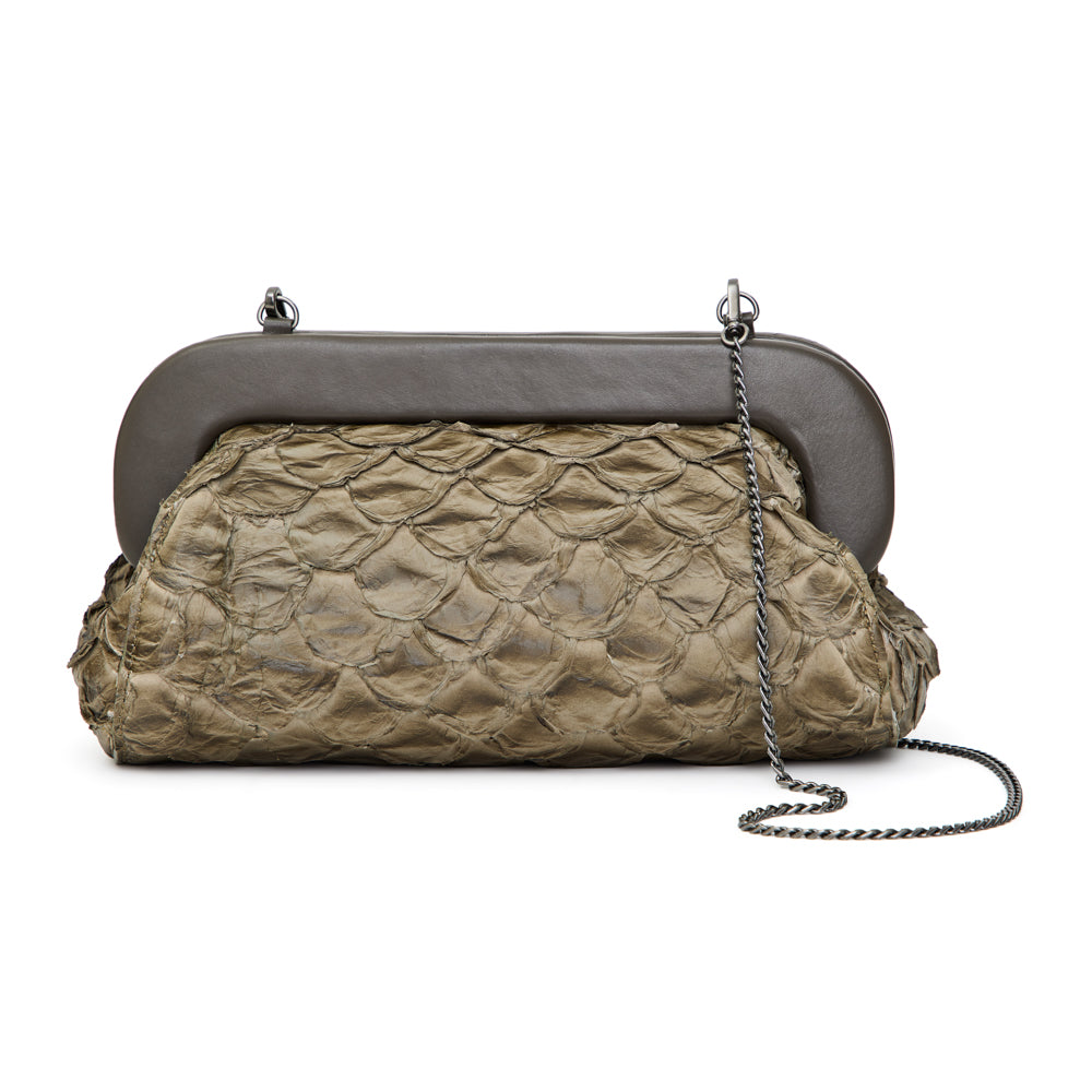 Inara - Bolsa Clutch em Couro de Pirarucu Oliva