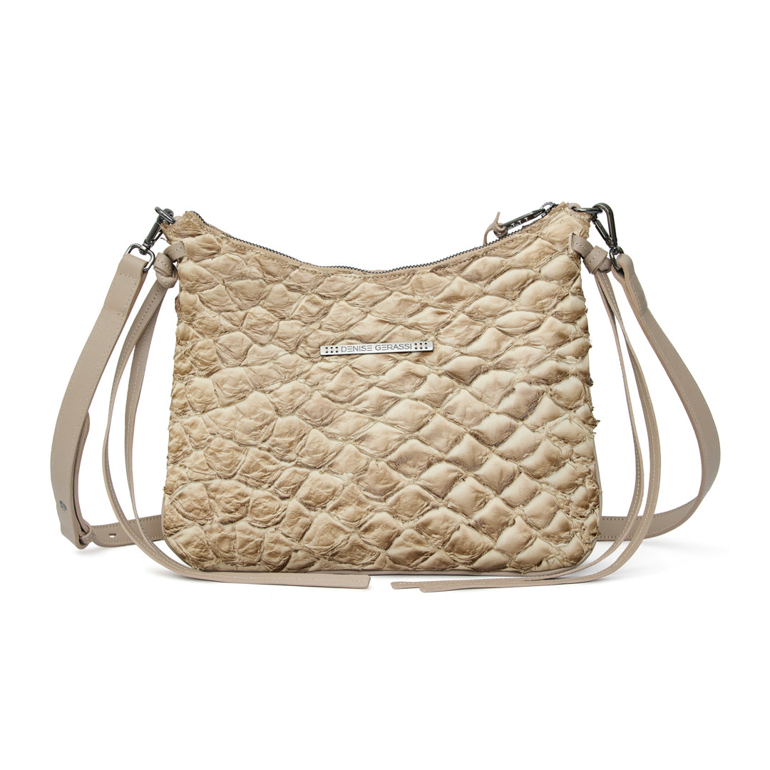 Yara - Bolsa Tiracolo Transversal em Couro de Pirarucu Cappuccino