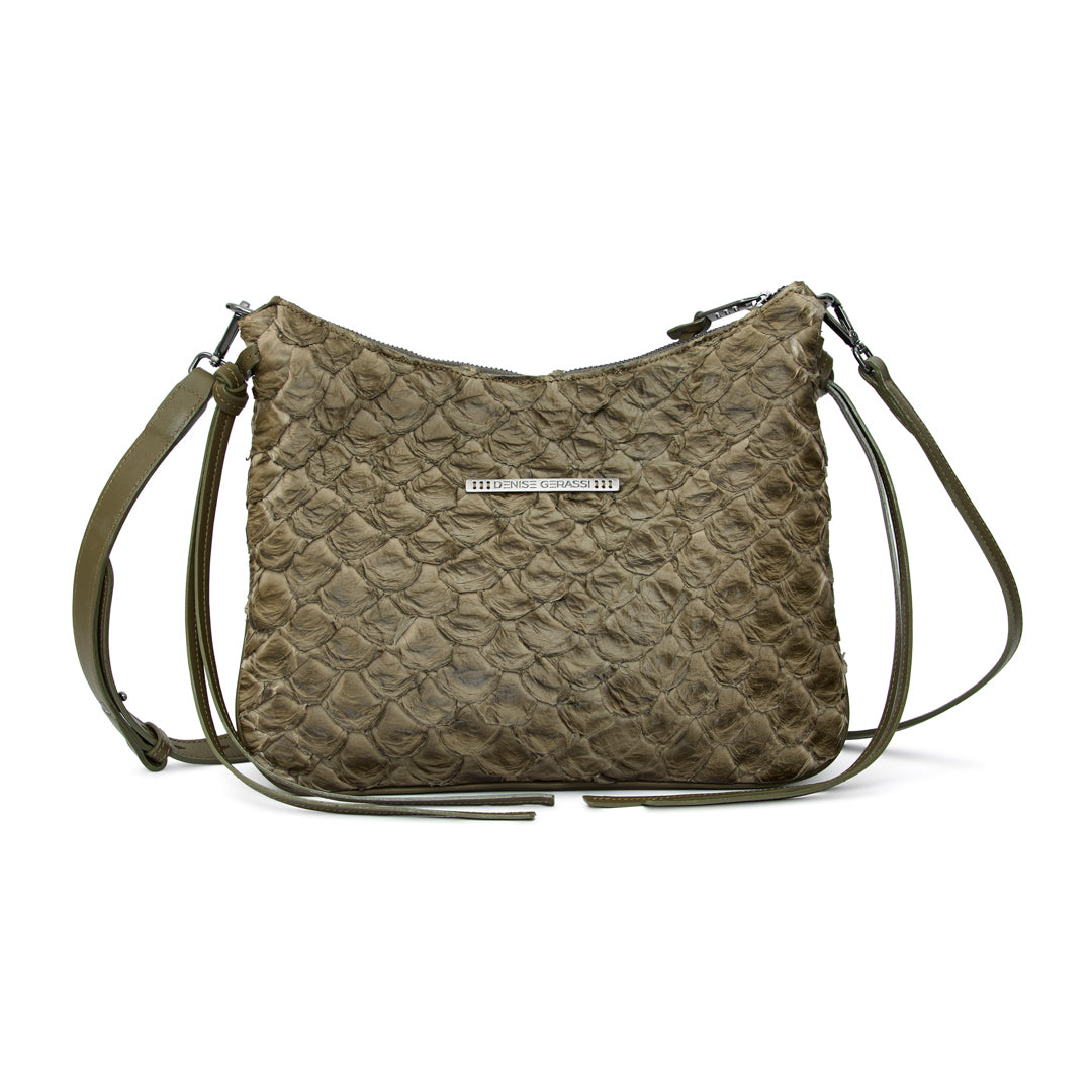 Yara - Bolsa Tiracolo Transversal em Couro de Pirarucu Oliva