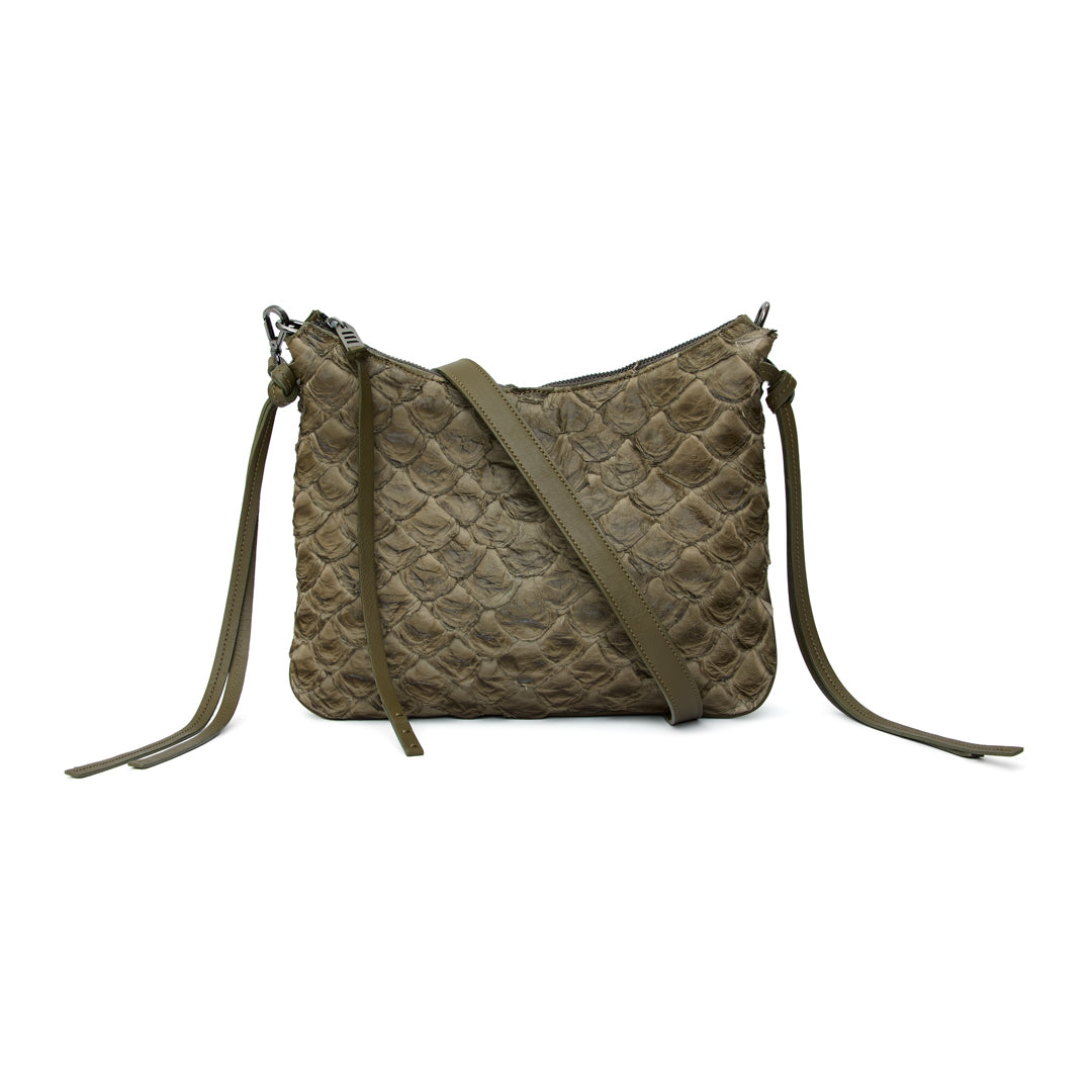 Yara - Bolsa Tiracolo Transversal em Couro de Pirarucu Oliva