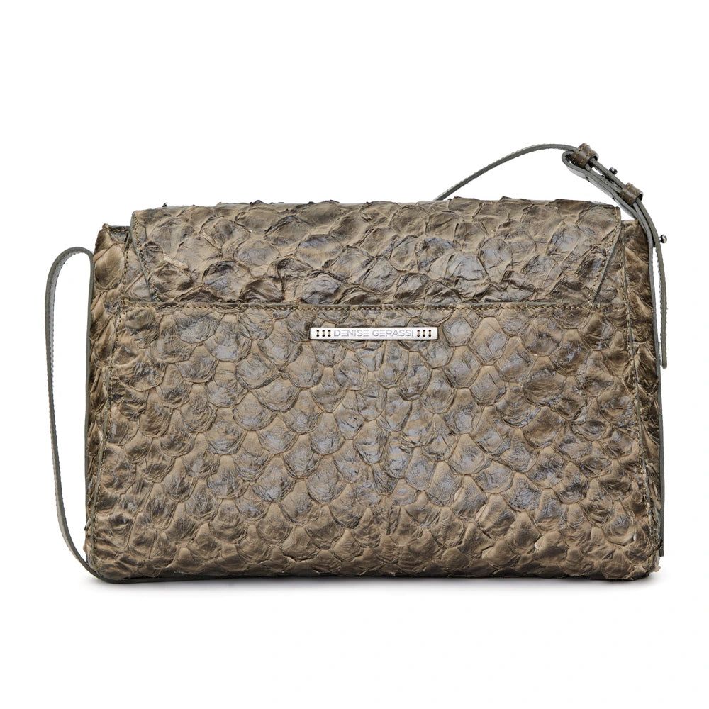 Guaíra - Bolsa Tiracolo Transversal em Couro de Pirarucu Oliva