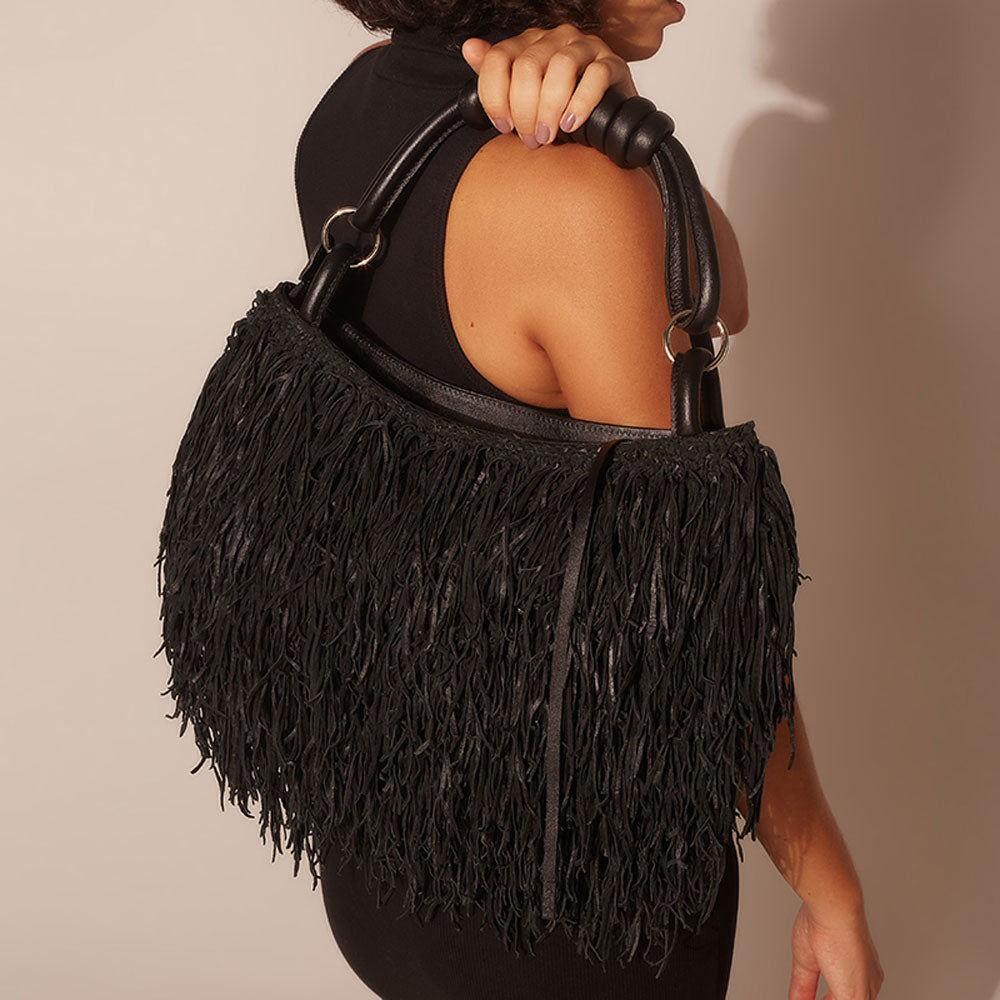 Nanine - Leather handbag with twisted fringes